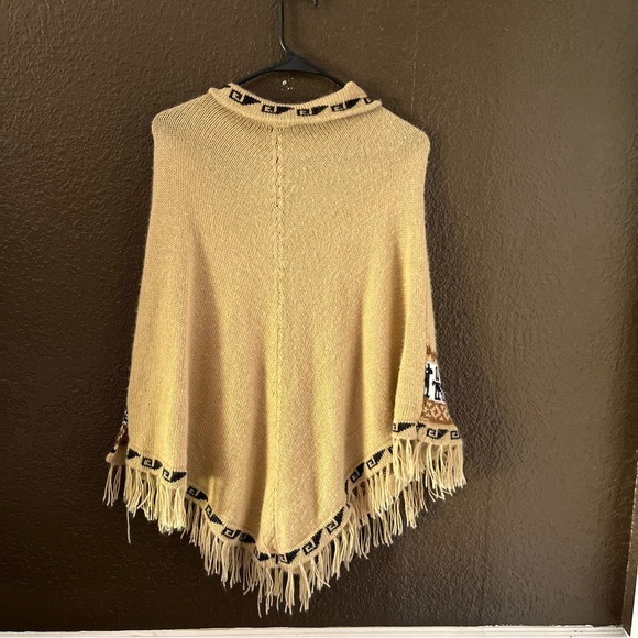 Tan Knit Poncho with Tribal Style Llama Design, One Size Fits Most - Picture 2 of 4